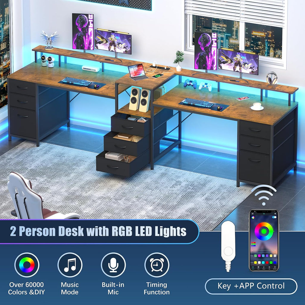 YOMILUVE 98.4' Long Computer Desk with 9 Drawers, 2 Person Gaming Desk with LED Lights & Power Outlet, Two Person Home Office Desk with Storage, Printer Shelf ＆ Monitor Stand, Rustic Brown