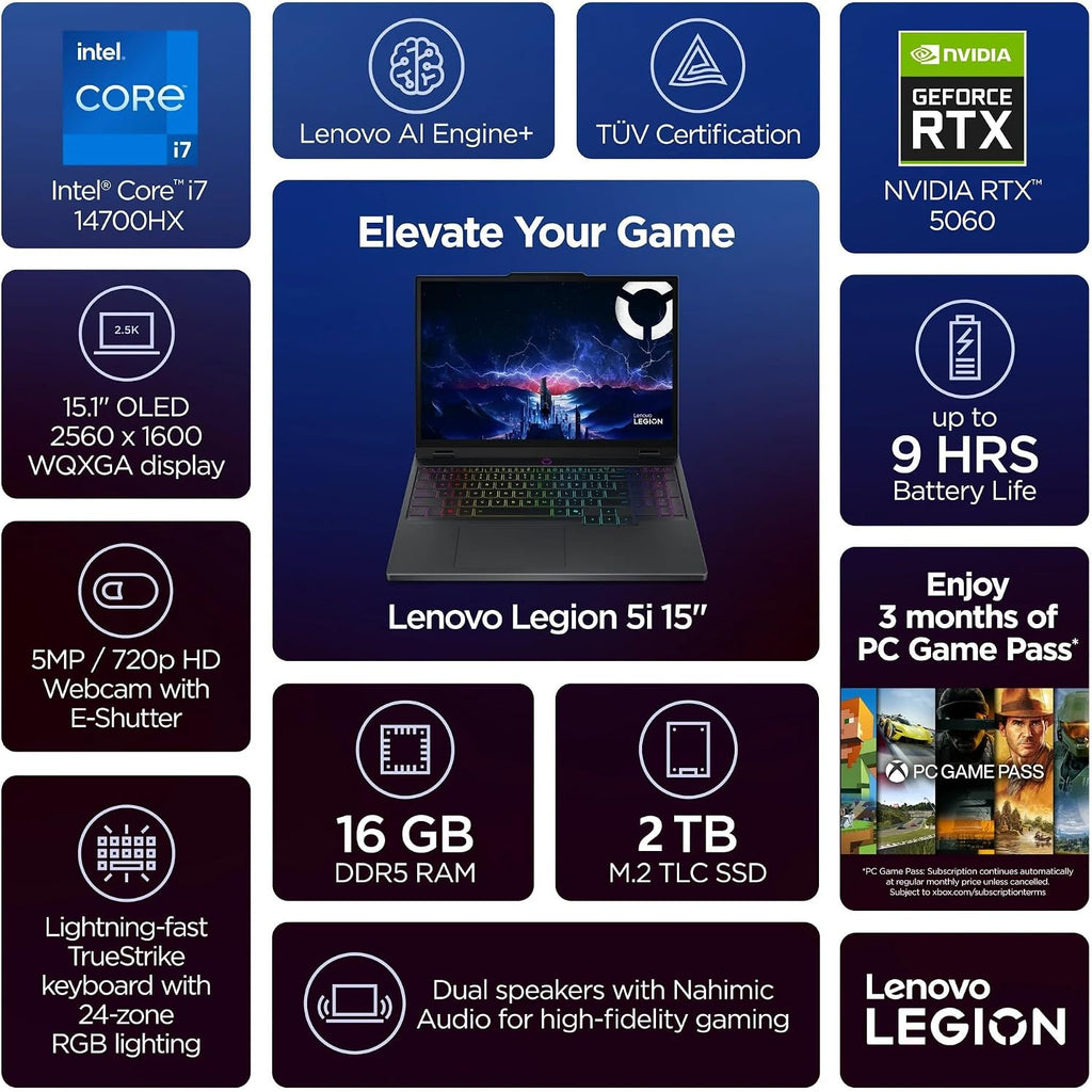 Lenovo Legion 5i Gaming Laptop, Intel i7-14700HX, 15.1' OLED 2.6K (2560 x 1600) IPS 165Hz, 500 nits, 16GB DDR5, 2TB SSD, RTX 5060, Backlit KB, Wi-Fi7, Win11, Eclipse Black, w/2TB USB Drive, W/GaLiMu