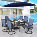 MFSTUDIO Outdoor Dining Set for 6, Patio Furniture Set with Navy Umbrella (Base not Included), Outdoor Rectangle Table and Navy Swivel Chairs Set for Patio, Deck, Backyard, Garden