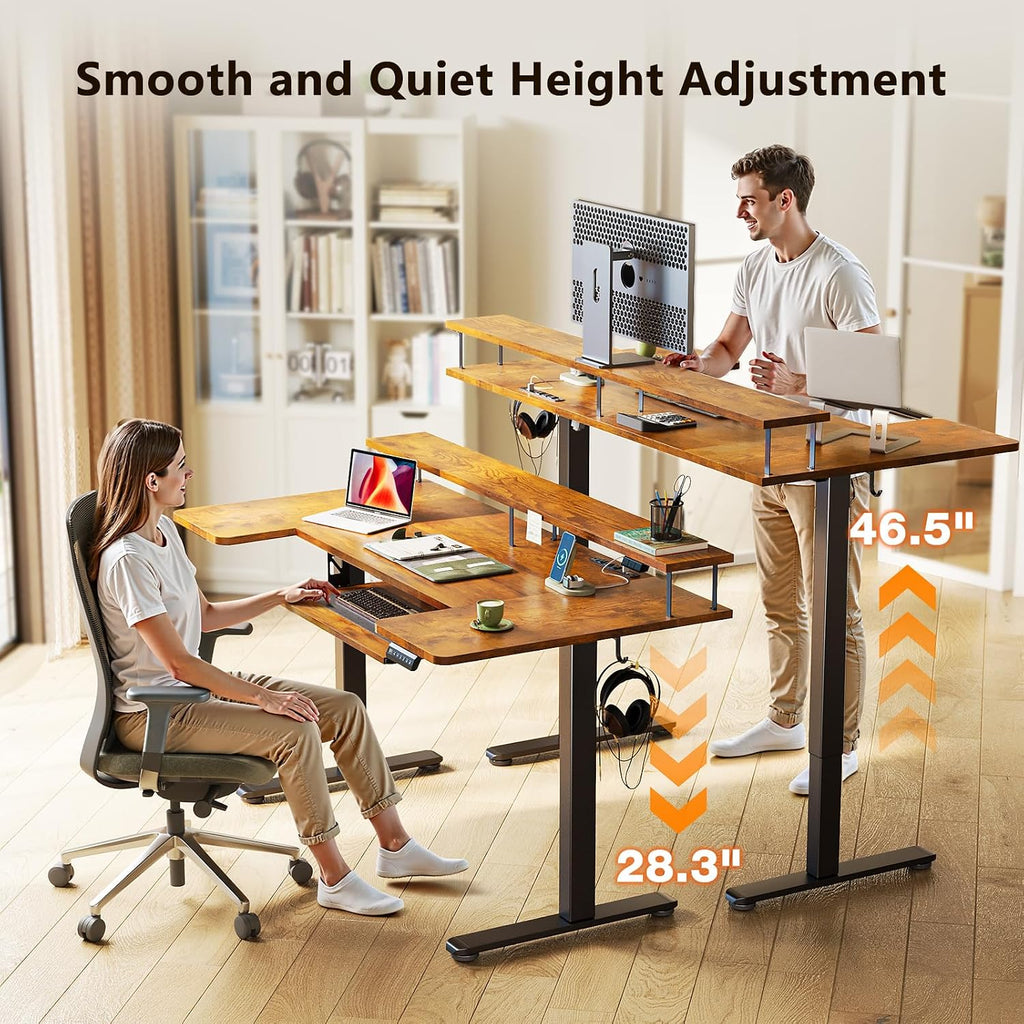 OffiGo U Shaped Electric Standing Desk with Keyboard Tray, 55 Inch Height Adjustable Desk with Power Outlets & LED Lights, Sit Stand Table with Monitor Stand for Home, Office, Rustic Brown