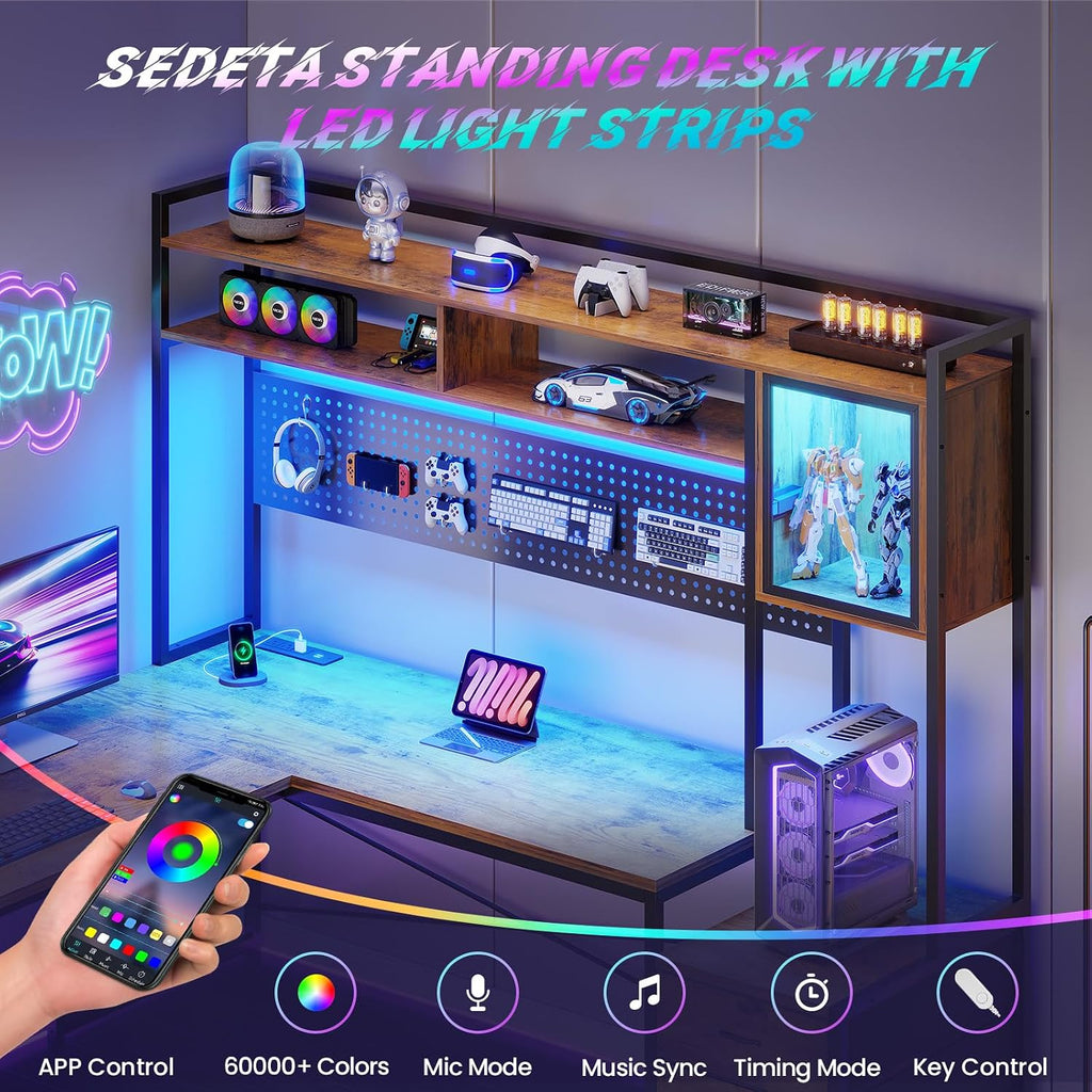 SEDETA L Shaped Gaming Desk with 6 Drawers, Reversible Computer Office Desk with File Drawer, Hutch, Storage Shelves, Gaming Corner Desk with Led Lights, Power Outlet for Two Person, Rustic Brown
