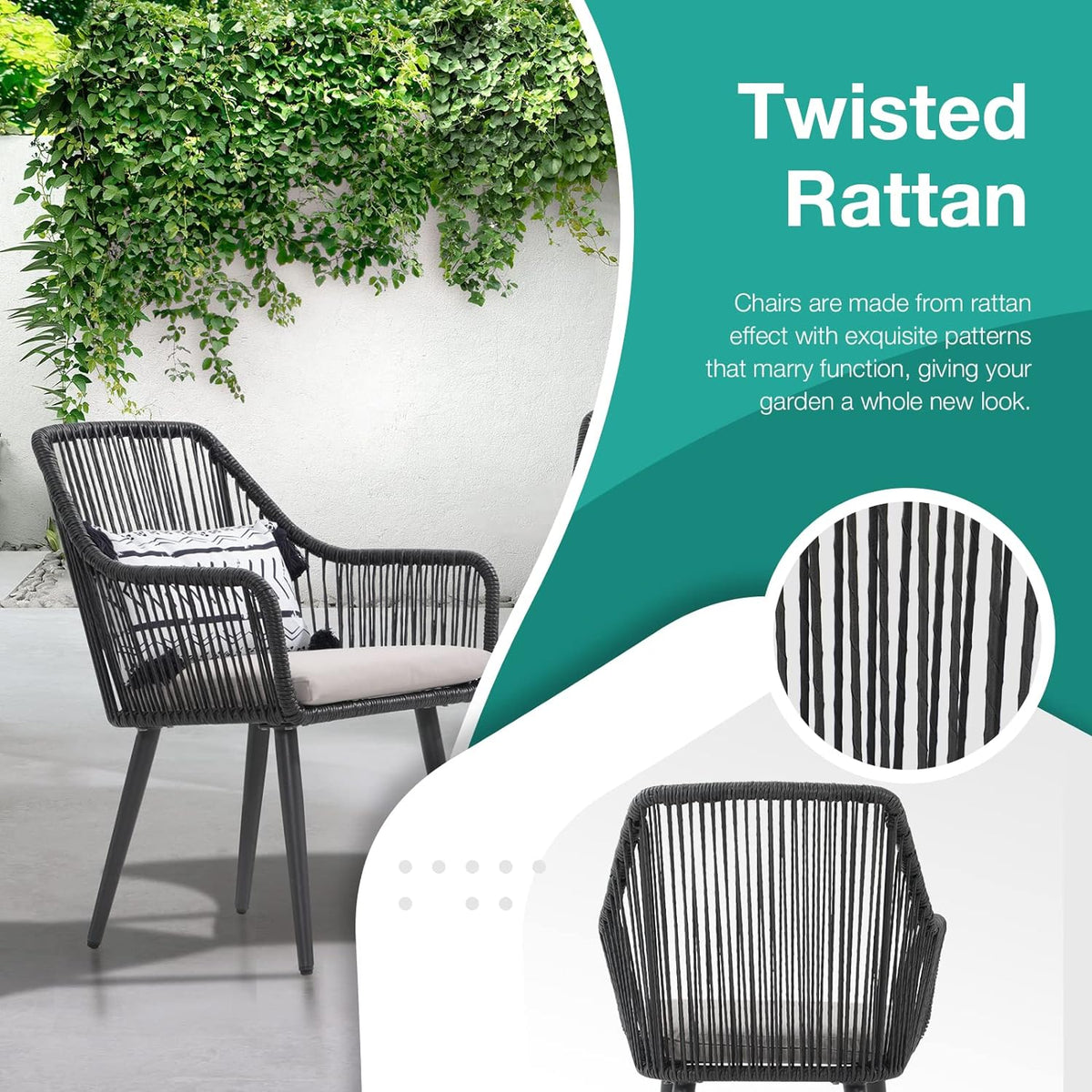 Patiorama 5-Piece Patio Dining Set,Outdoor Dining Table Chair Set,All-Weather Twisted Rattan Wicker Rope Conversation Set,Patio Furniture Set w/Umbrella Hole,4 Cushioned Chairs&Glass Table(Dark Black)