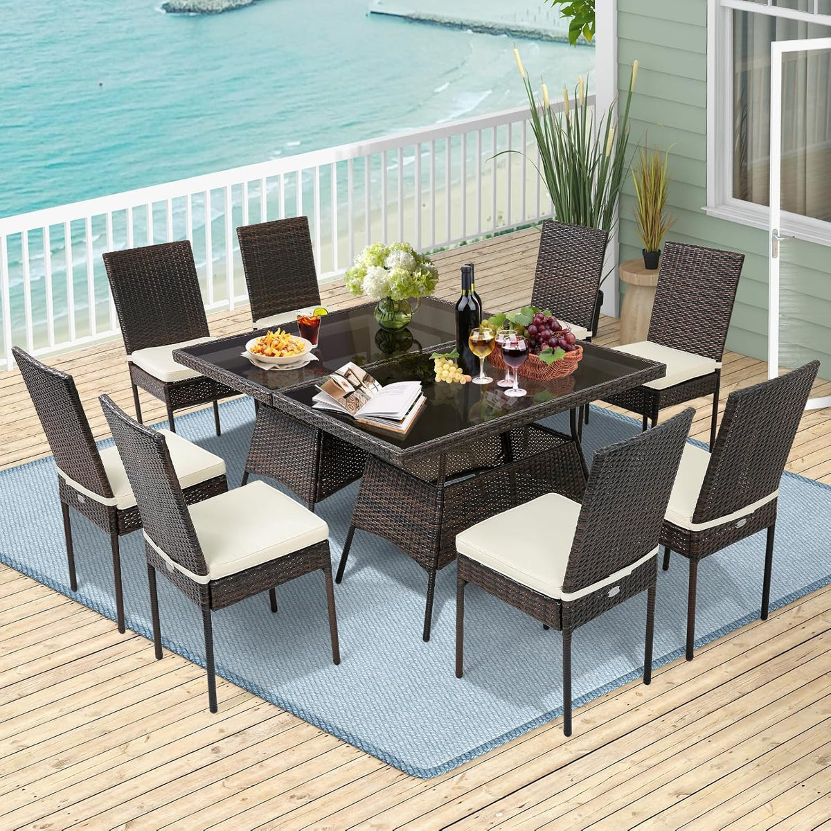 Tangkula 10 Pieces Wicker Patio Dining Set, Outdoor Rattan Table & Chairs Set with Padded Cushions, Patio Furniture Dining Glass Table Set for Balcony Patio Garden Poolside