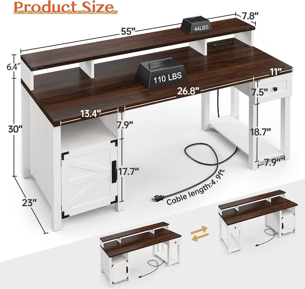 EnHomee Computer Desk with Drawers,23' D Home Office Desk with Storage,Wooden Desk with Monitor Stand,Farmhouse Desk with Printer Space and Power Outlets for Studio,Work, Study,Writing&Gaming,White