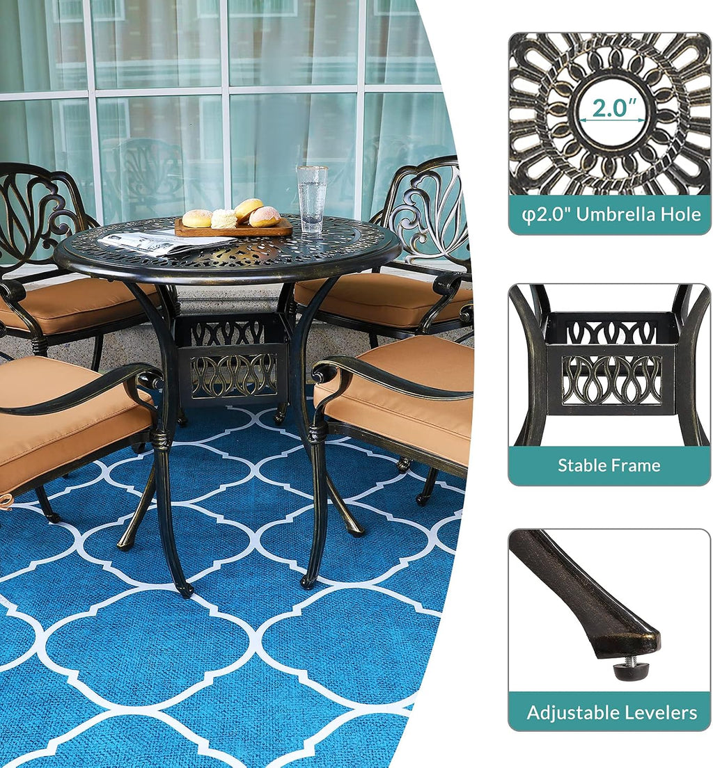 MEETWARM 5 Piece Patio Dining Set, Outdoor All-Weather Cast Aluminum Dining Table Set, Patio Furniture Set for Backyard Garden Deck, Include 4 Chairs, 4 Cushions and 1 Round Table with Umbrella Hole