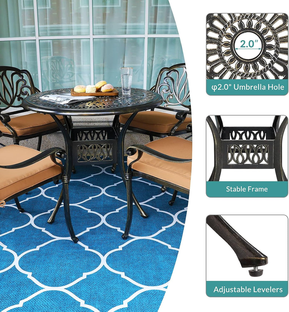 MEETWARM 5 Piece Patio Dining Set, Outdoor All-Weather Cast Aluminum Dining Table Set, Patio Furniture Set for Backyard Garden Deck, Include 4 Chairs, 4 Cushions and 1 Round Table with Umbrella Hole