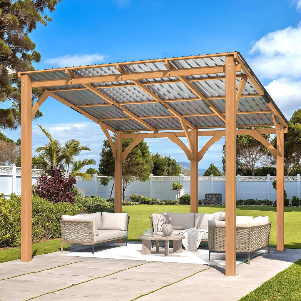 AECOJOY 10' x 10' Outdoor Wood Ceder Gazebo for Patio, Outdoor Lean to Hardtop Pergolas and Gazebos Clearance, Wall Mounted Wooden Gazebo Heavy Duty Awnings for Patio, Decks, Backyard