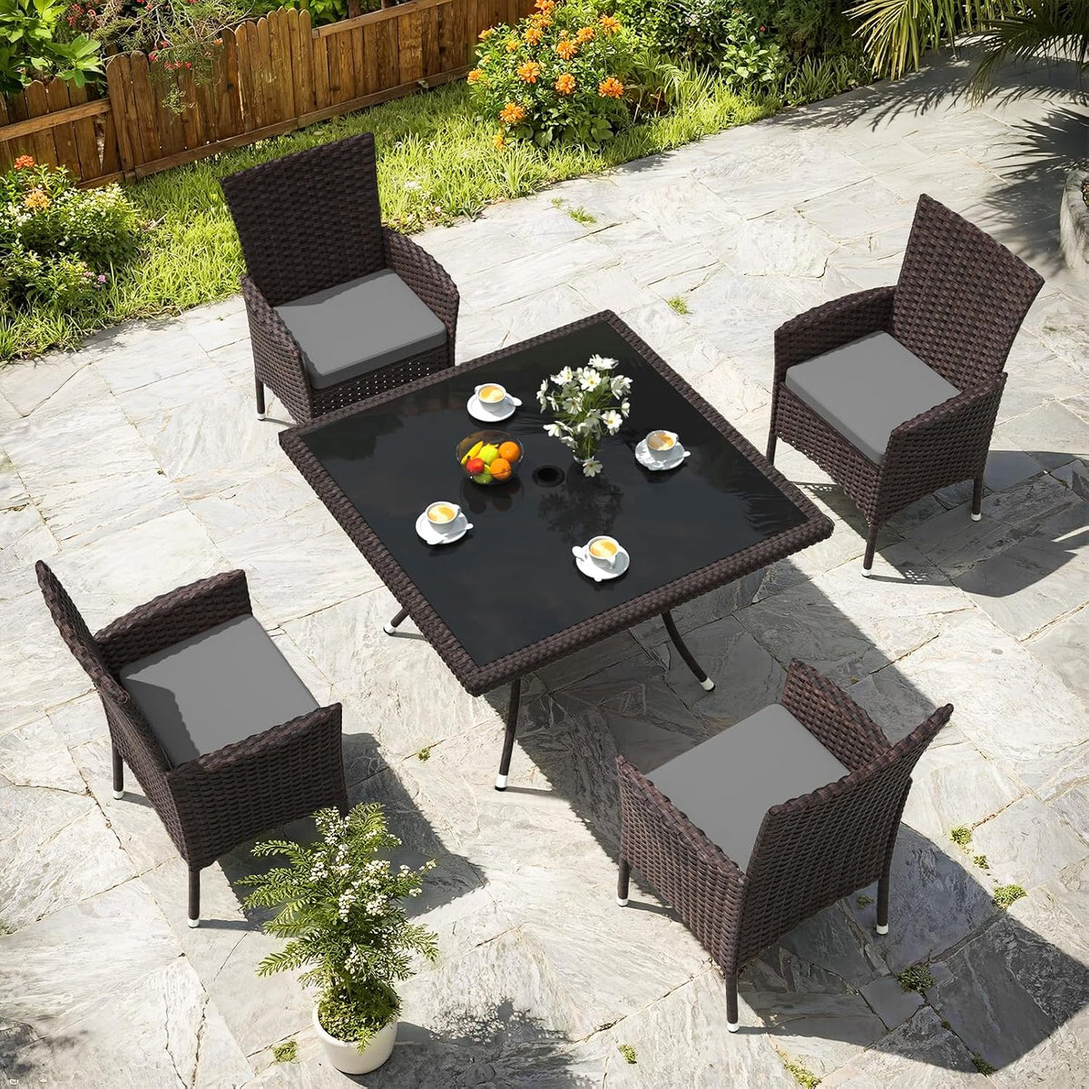 Gotland 5 Piece Outdoor Dining Set, All-Weather Rattan Patio Furniture Set with Umbrella Hole Tempered Glass Square Table, Outdoor Table and Chairs with Removable Cushions for Backyard, Deck, Grey