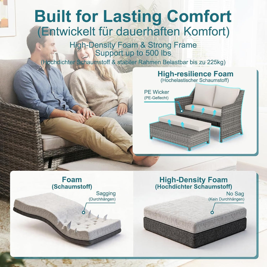 OC Orange-Casual 2-Piece Outdoor Patio Furniture Wicker Love-seat and Coffee Table Set, with Built-in Storage Bin, Grey Rattan, Beige Cushions
