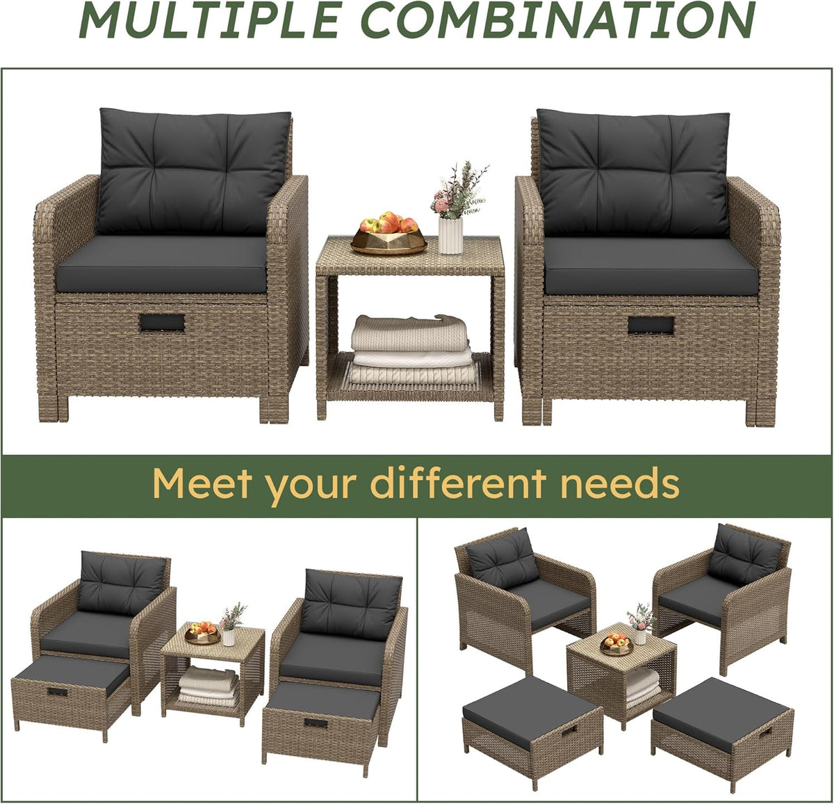 LHBcraft Balcony Furniture 5 Piece Wicker Patio Furniture Set, Outdoor Hand-Woven Rattan Lounge Chairs with Tempered Glass Coffee Table, Ottomans & Soft Cushions for Front Porch, Garden, Black