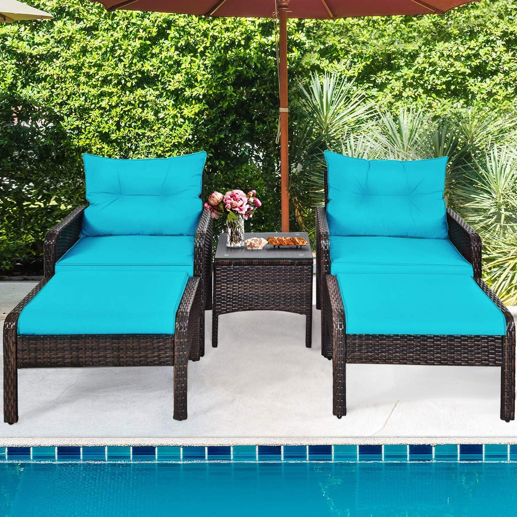 HAPPYGRILL 5-Pieces Patio Furniture Set Outdoor Rattan Wicker Conversation Set with Coffee Table Cushioned Sofas and Ottoman Chat Set for Garden Backyard