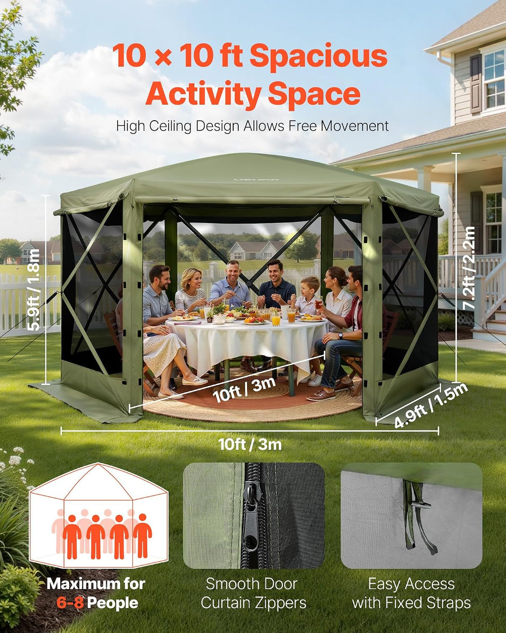 VEVOR Pop up Gazebo Screen Tent, 10 x 10 ft Large 6-Sided Camping Canopy Tent with Removable Top & Carry Bag, Quick-Set & Bite-Proof, Screen House Sun Shelter for 6-8 Persons Backyard Patio, Green