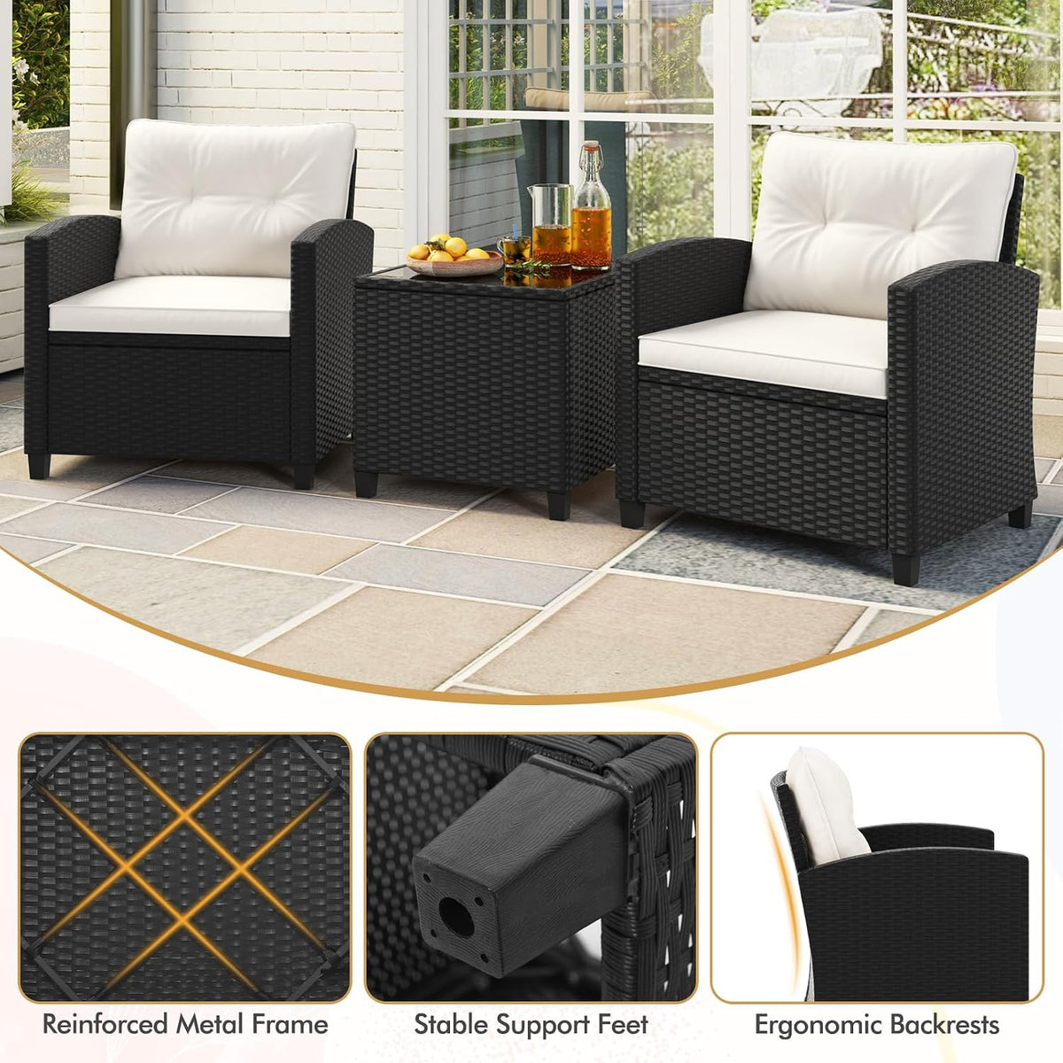 HAPPYGRILL 3 Pieces Wicker Patio Conversation Set, PE Rattan Bistro Sofa Set with Tempered Glass Coffee Table, Washable Cushions, Outdoor Furniture Set for Garden Poolside Balcony (Off White)