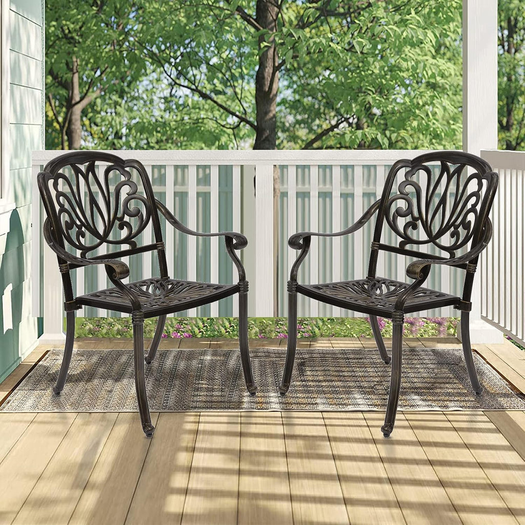 MEETWARM 2 Piece Patio Dining Chairs, Outdoor All-Weather Cast Aluminum Chairs, Patio Bistro Dining Chair Set of 2 for Garden Deck Backyard, Dark Bronze