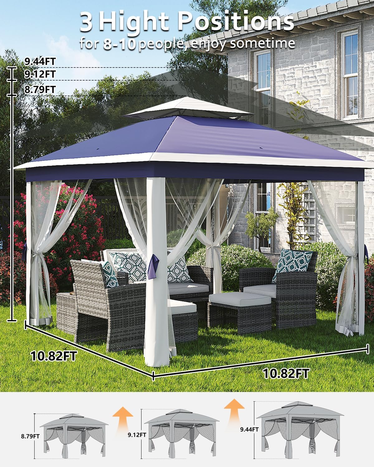 Garveelife 11x11 Pop Up Gazebo Tent with Mosquito Netting, Outdoor Canopy Shelter Easy Setup, Water & UV Resistant - Navy