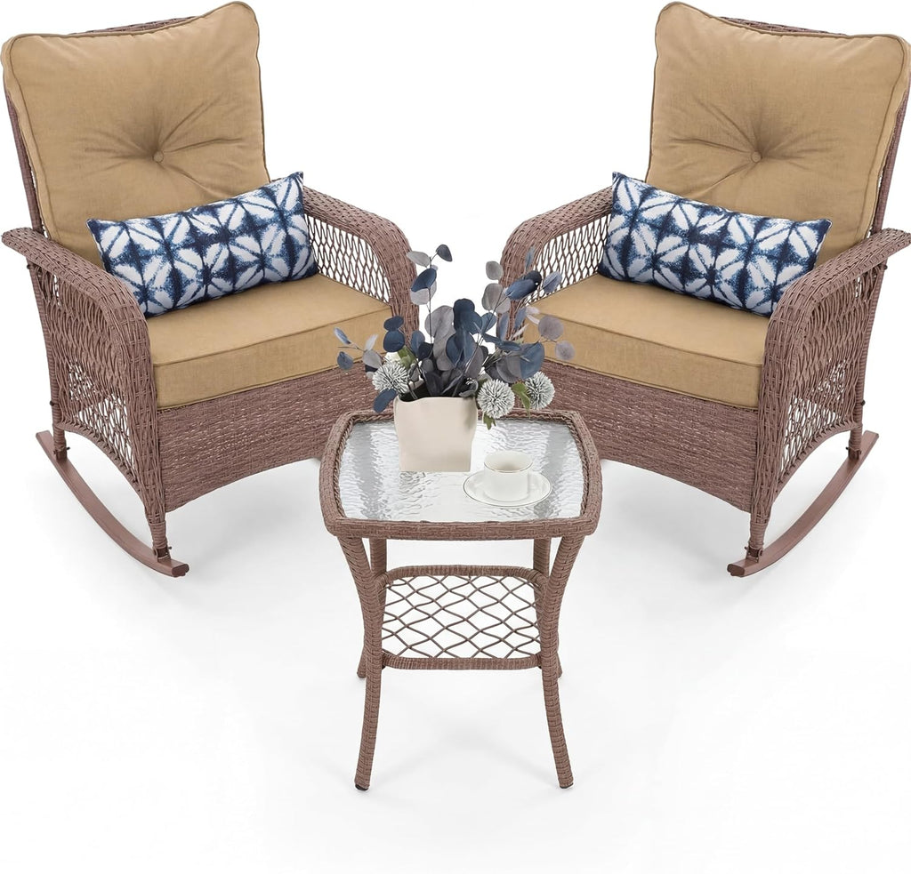 UDPATIO Rocking Chair Outdoor Set 2 with Coffee Table, 3 Piece Wicker Rocking Bistro Set with 4' Water-Resistant Cushions, Oversized, 350lbs Heavy-Duty, for Porch, Patio, Balcony, Brown/Khaki