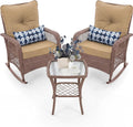 UDPATIO Rocking Chair Outdoor Set 2 with Coffee Table, 3 Piece Wicker Rocking Bistro Set with 4' Water-Resistant Cushions, Oversized, 350lbs Heavy-Duty, for Porch, Patio, Balcony, Brown/Khaki