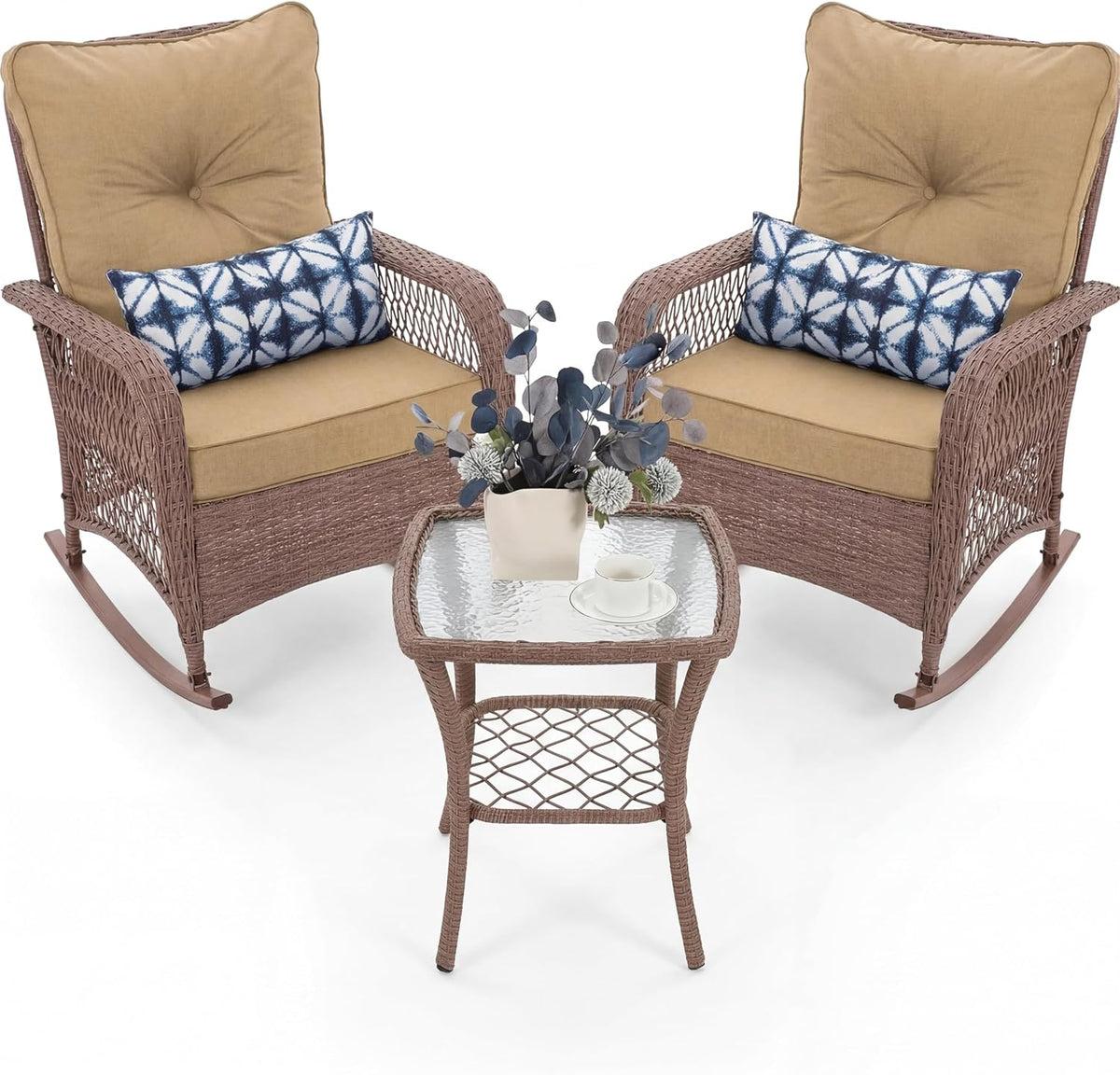 UDPATIO Rocking Chair Outdoor Set 2 with Coffee Table, 3 Piece Wicker Rocking Bistro Set with 4' Water-Resistant Cushions, Oversized, 350lbs Heavy-Duty, for Porch, Patio, Balcony, Brown/Khaki