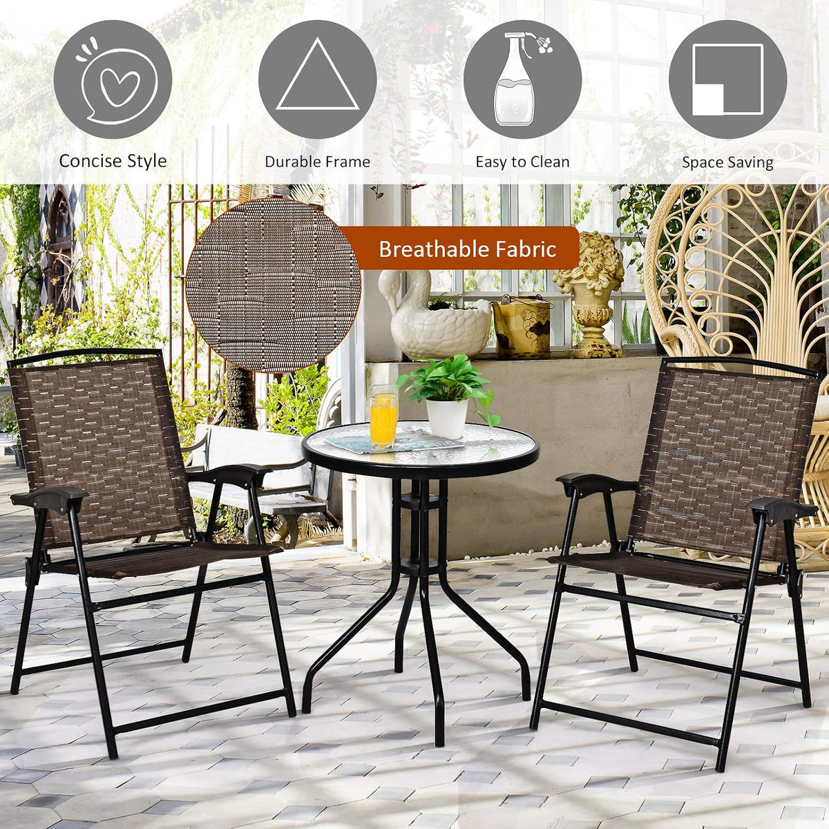 LDAILY LUARANE 3 Piece Patio Bistro Set, Outdoor Table and Chairs Set, 2 Folding Chairs & Coffee Table w/Textured Glass Tabletop, Small Patio Furniture Set for Balcony, Front Porch, Backyard & Garden