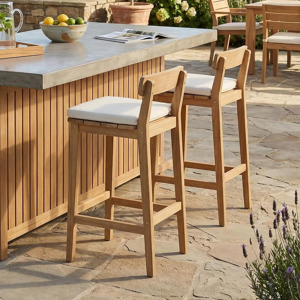 Patio Bar Stools Set of 2, Solid Acacia Wood Patio Barstools with Footrest, 28.5' Counter Height Outdoor Bar Stools, High Top Patio Bar Chairs for Balcony/Deck/Kitchen Island/Bistro, Beige