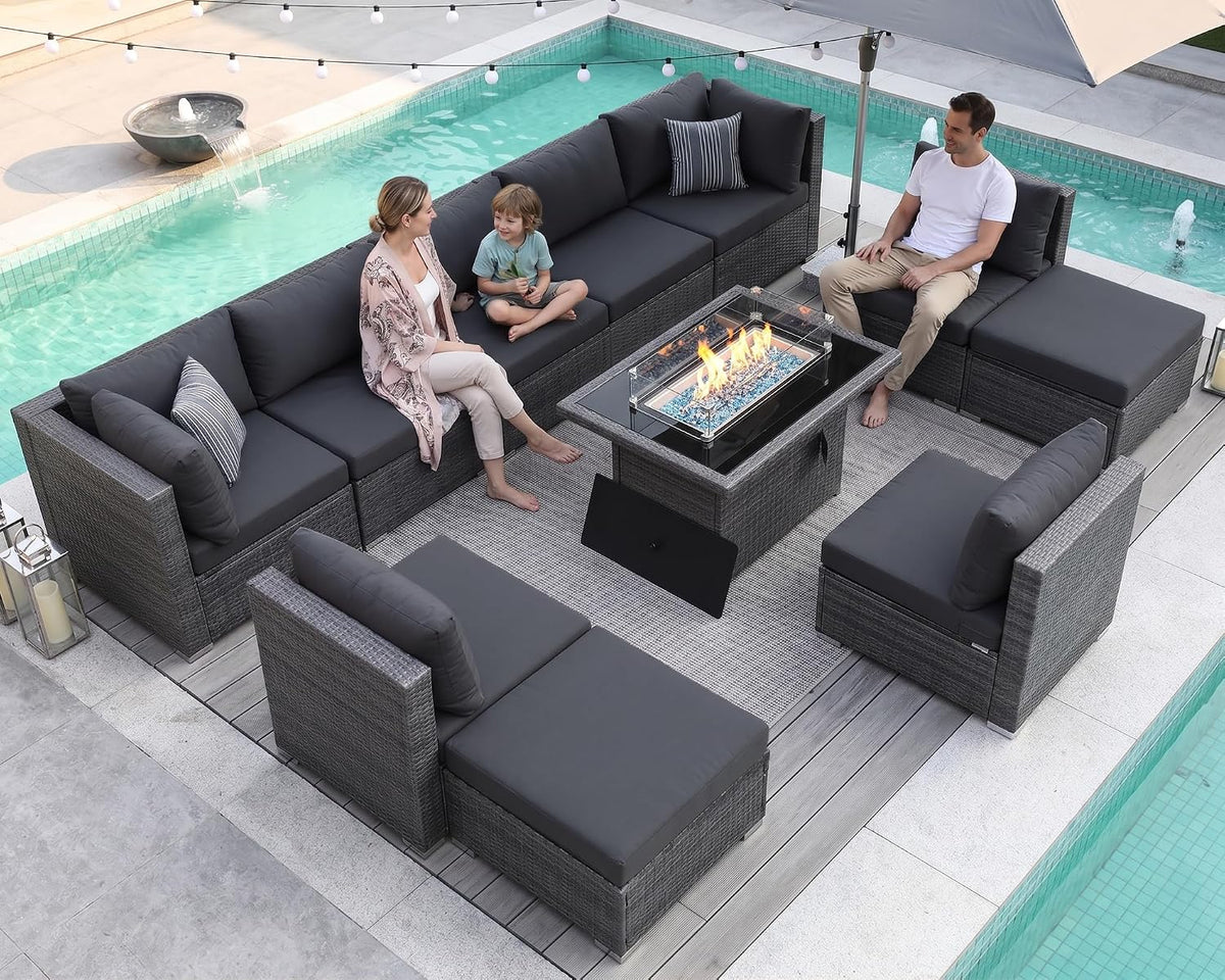 NICESOUL 11 Piece Extra Large Outdoor Furniture Sofa Set, Deep Wide PE Wicker Patio Modular Sectional with Fire Pit Table, 29.3'' High Back Modern Luxury All-Weather Rattan Conversation, Gray