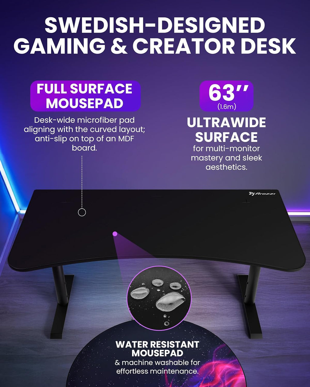 Arozzi Arena Large Gamer Desk - 63x32' Adjustable Height PC Gaming Desk With Storage For Cables & Triple-Monitor Support - Full-Surface Washable Mousepad - Pure Black