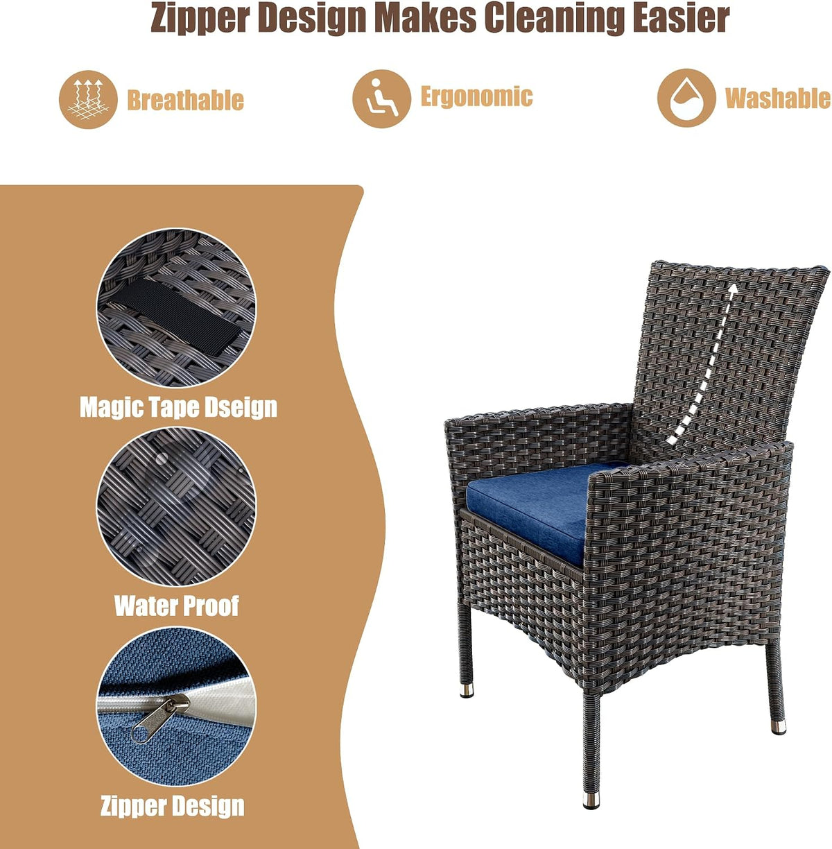 5 Piece Outdoor Dining Set,Rattan Patio Conversation Set of 4 Chairs,Patio Dining Table and Chairs w/Cushions,Square Glass Tabletop,Umbrella Cutout for Patio,NavyBlue