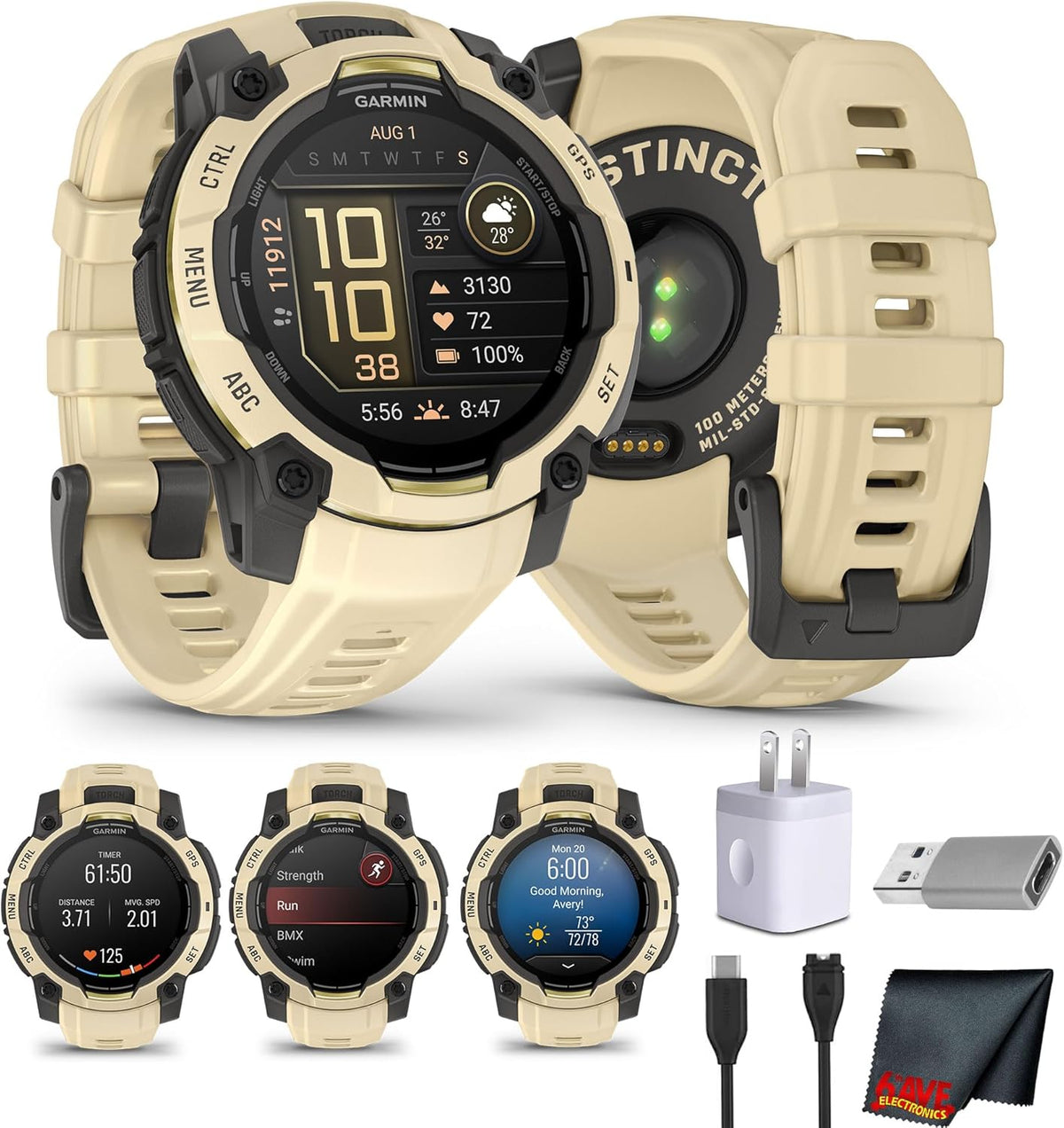 Garmin Instinct 3-45 mm, AMOLED Display, 18 Day Battery, Rugged Outdoor GPS Smartwatch, Built-in Flashlight, Alpine Rush Collection Limited Edition Color, Citrine with Citrine Band Bundle