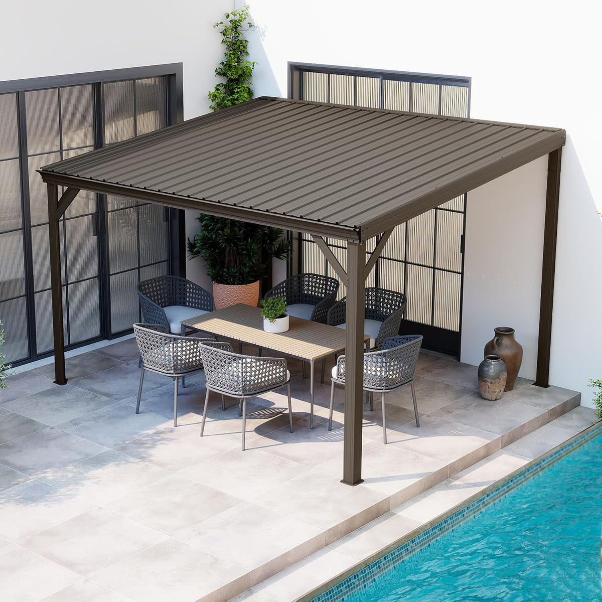 8x10FT Lean to Gazebo, Outdoor Metal Hardtop Wall Mounted Gazebo with Gutter & Sloping Galvanized Steel Roof, Hard Top Awnings/Shelter for Deck, Porch, Backyard- Brown