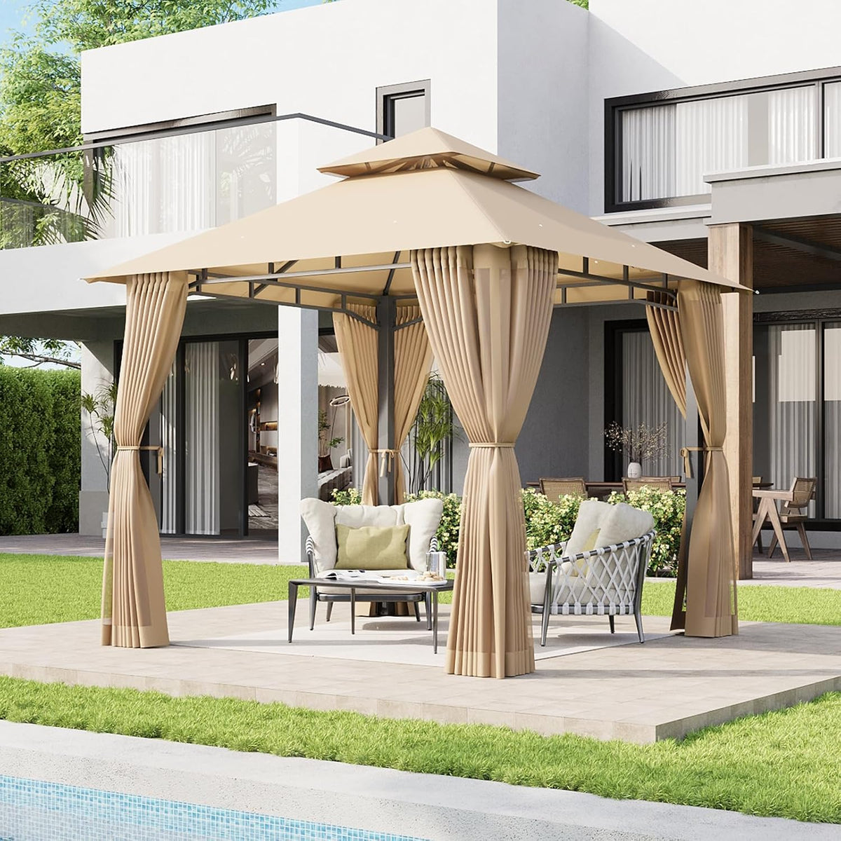 Aoxun 8x8 Gazebo with Double Roof & Mosquito Netting Outdoor Heavy-Duty Party Tent, Patio Tent with Zipper Screens - Backyard Garden Lawn Shelter Includes Wind Ropes Expansion Bolts, Beige