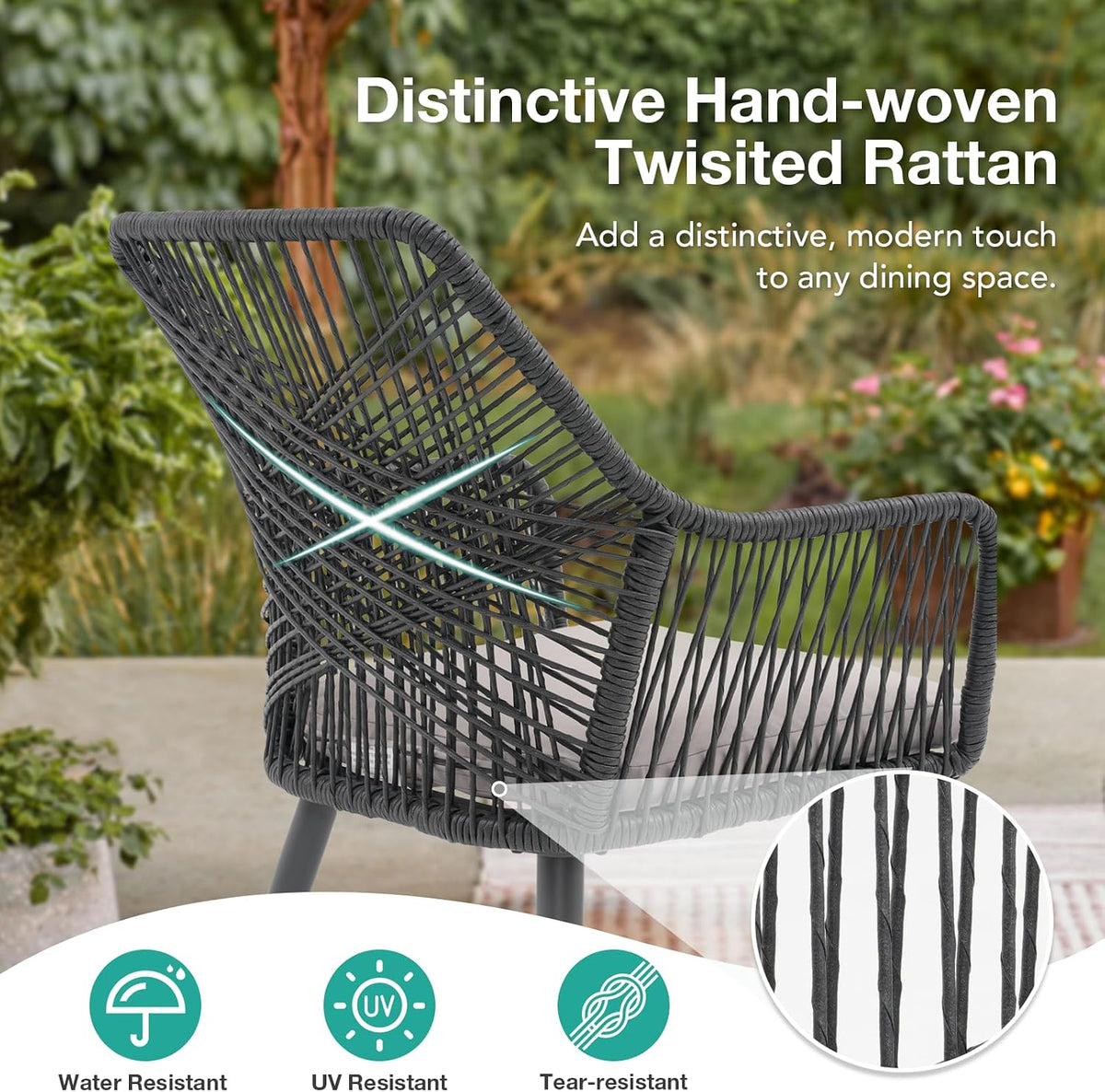 Patiorama 5-Piece Patio Dining Set, Outdoor Dining Table Chair Set, All-Weather Twisted Rattan Wicker Rope Conversation Set,Patio Furniture Set w/Umbrella Hole,Cushioned Chairs&Table(Black&Cross Back)