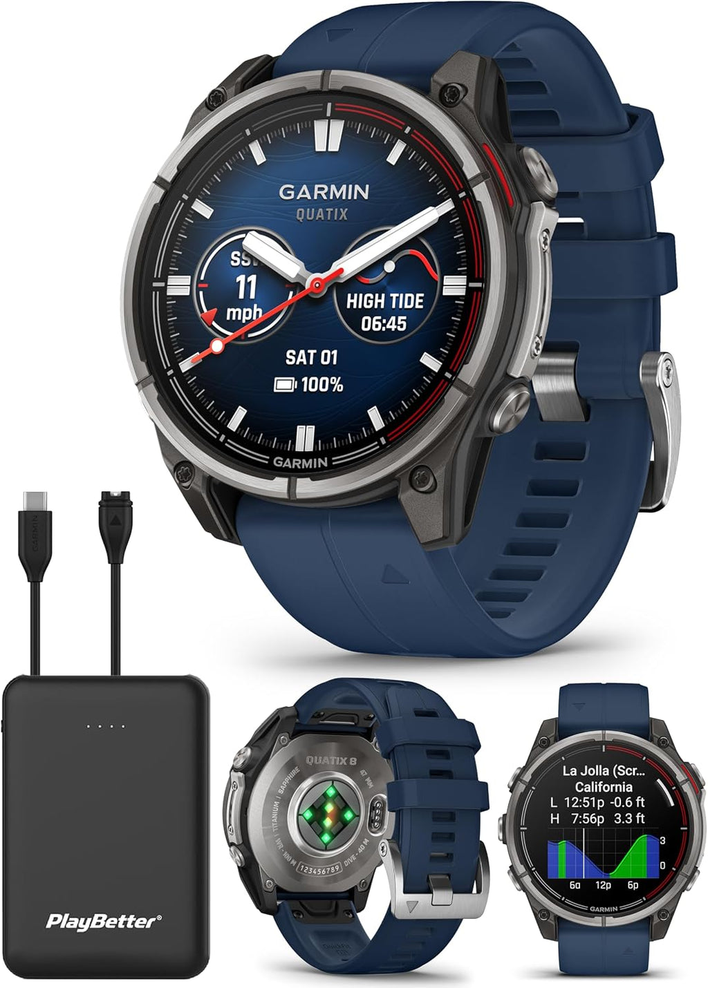 Garmin quatix 8 (47 mm) Marine GPS Smartwatch Bundle - Bright AMOLED Display, Chartplotter Controls, Built-in Flashlight, 24/7 Health & Wellness Features with PlayBetter Portable Charger