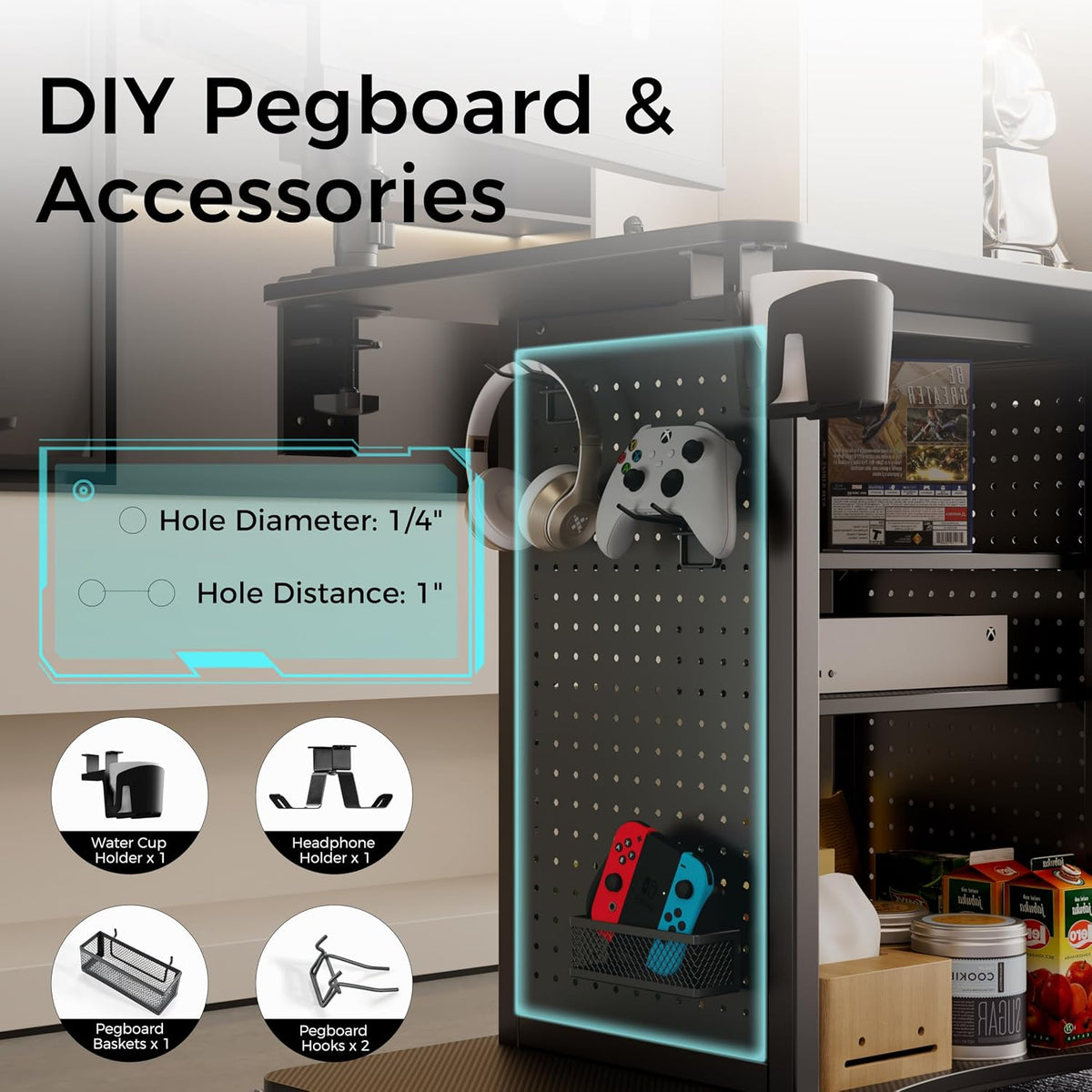 EUREKA ERGONOMIC Gaming Desk Computer, 37' Rolling Desk on Wheels for Small Space, Mobile Computer Cart with Pegboards Adjustable Shelves for Gaming PS Switch Home Office - Black