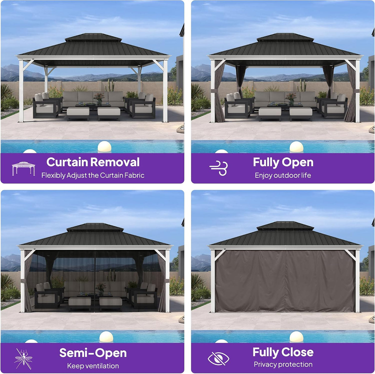 PURPLE LEAF 14' X 16' Hardtop Gazebo with Double Galvanized Steel Roof Awning and Upgrade Curtain for Patio Lawn and Garden, Grey