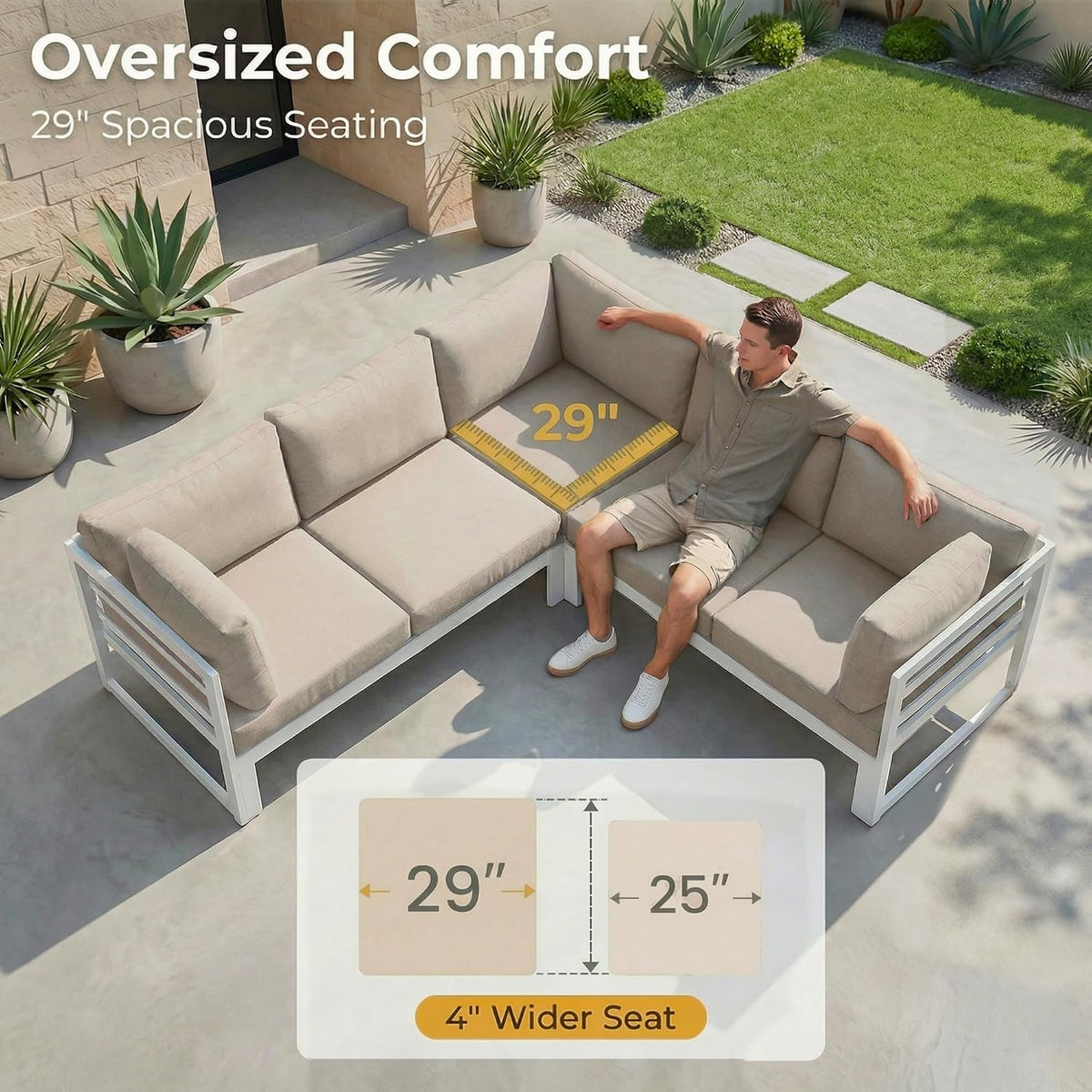 RADIATA 6 Seat Large Luxury Aluminum Patio Conversation Set with Fire Pit Table, 29 inch Wide Deep Seated, U Shaped Sectional Couch, 500 lbs Heavy Duty All Weather Outdoor Sofa for Backyard, Beige