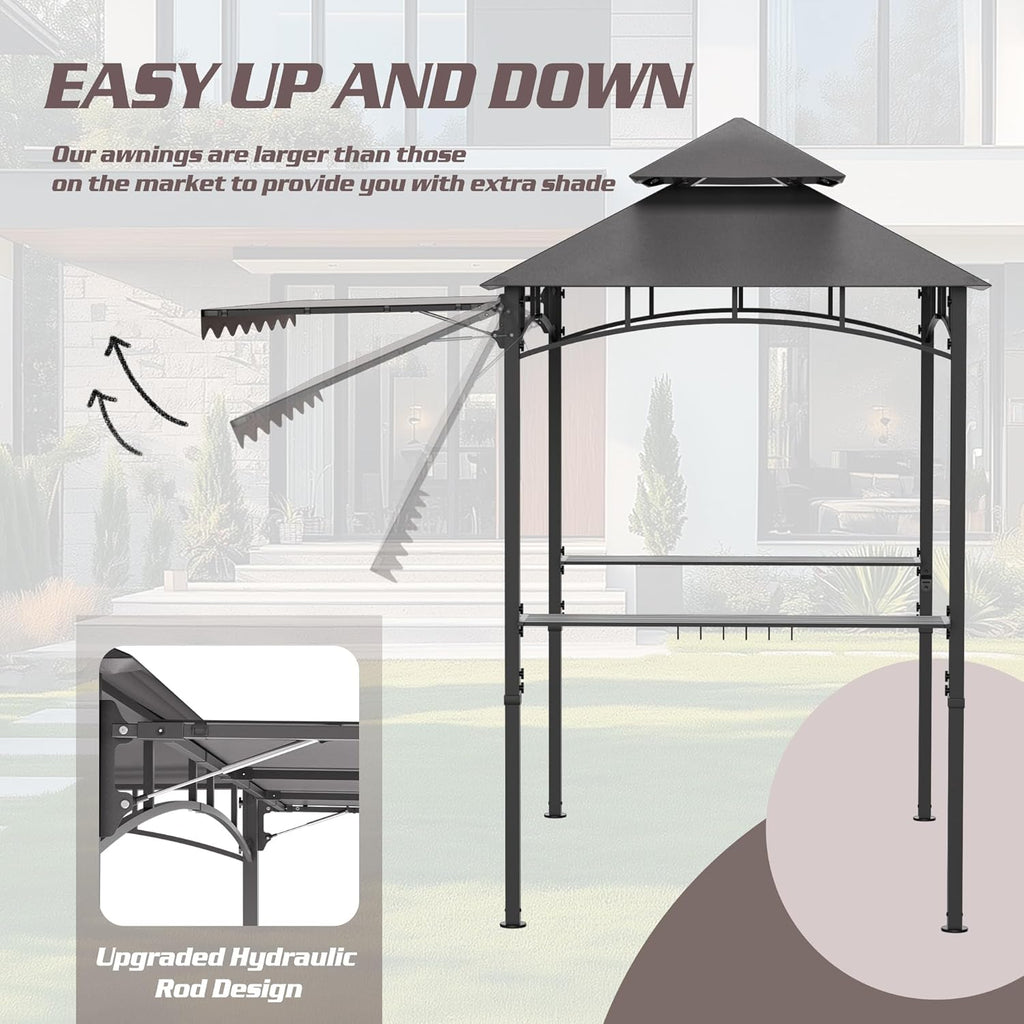 8'X8' Grill Gazebo Canopy - Heavy Duty Steel Frame, Double Tiered Grill Canopy for Outdoor Grill W/Shelves, Ceiling Hooks and Ground Stakes, Outdoor Patio Canopys Tent BBQ Gazebo Backyard(Grey)