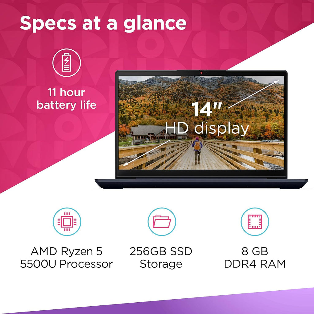 Lenovo IdeaPad 3 Laptop, 14.0' FHD Display, AMD Ryzen 5 5500U, 8GB RAM, 256GB Storage, AMD Radeon 7 Graphics, Windows 11 Home, Abyss Blue