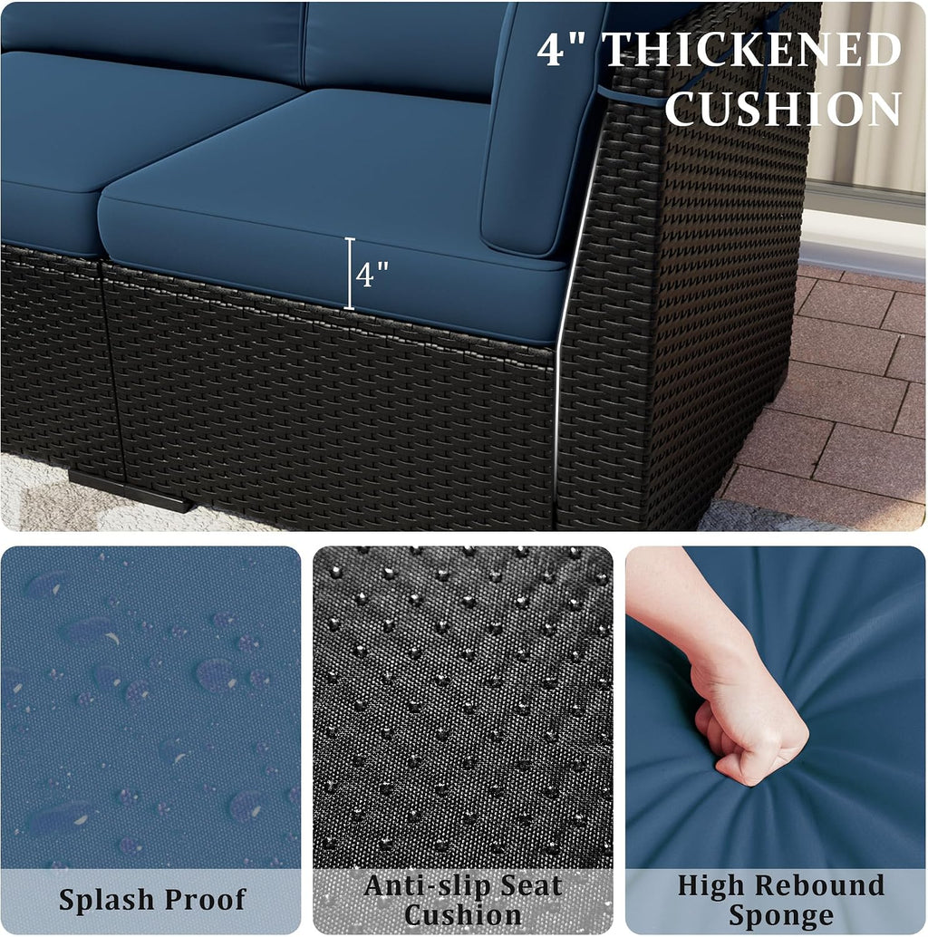8 Pieces Outdoor Patio Furniture Set with 44' Fire Pit Table Black Rattan Sectional Conversation Sets w/Gas Fire Pit, Coffee Table, 1 Waterproof Covers, Navy Blue