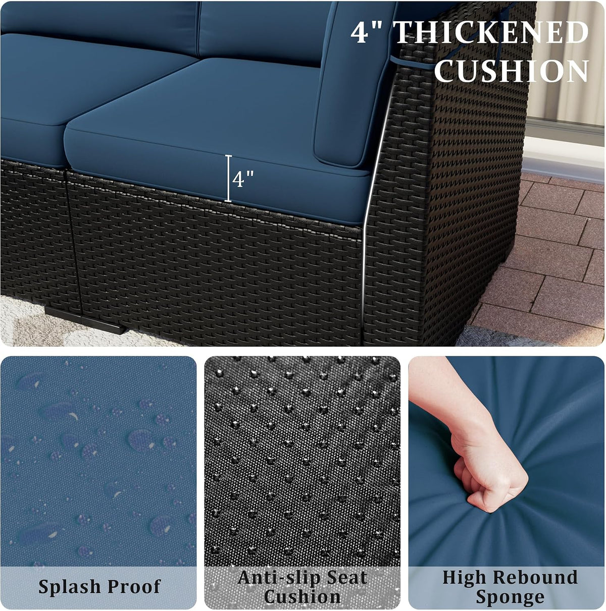 8 Pieces Outdoor Patio Furniture Set with 44' Fire Pit Table Black Rattan Sectional Conversation Sets w/Gas Fire Pit, Coffee Table, 1 Waterproof Covers, Navy Blue