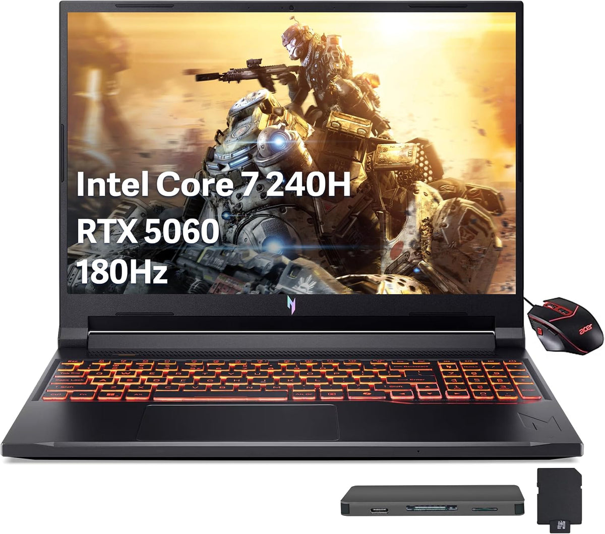 acer Nitro V 16 16' WUXGA 180Hz Gaming Laptop, Intel Core 7 240H, 16GB DDR5, 1.5TB Storage(512GB SSD+1TB Docking Station), GeForce RTX 5060, Backlit Keyboard, Num Pad, Nitro Mouse, Win 11 Pro, Black