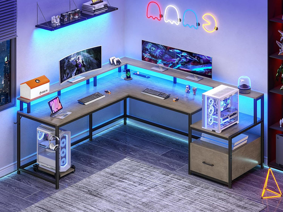 SEDETA L Shaped Desk, 66' Home Office Desk with Wood File Drawer, Power Outlet, Corner Computer Desk with Monitor Shelf, Printer Storage Shelves, Gaming Desk with Led Lights, Two Person Desk, Walnut