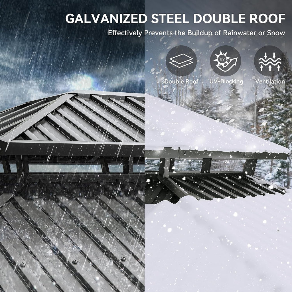 YITAHOME 12X18FT Meatl Hardtop Gazebo Metal Double Roof Canopy Galvanized Iron Aluminum Pillar Garden Tent Curtains Netting for Patios Backyards Decks Lawns