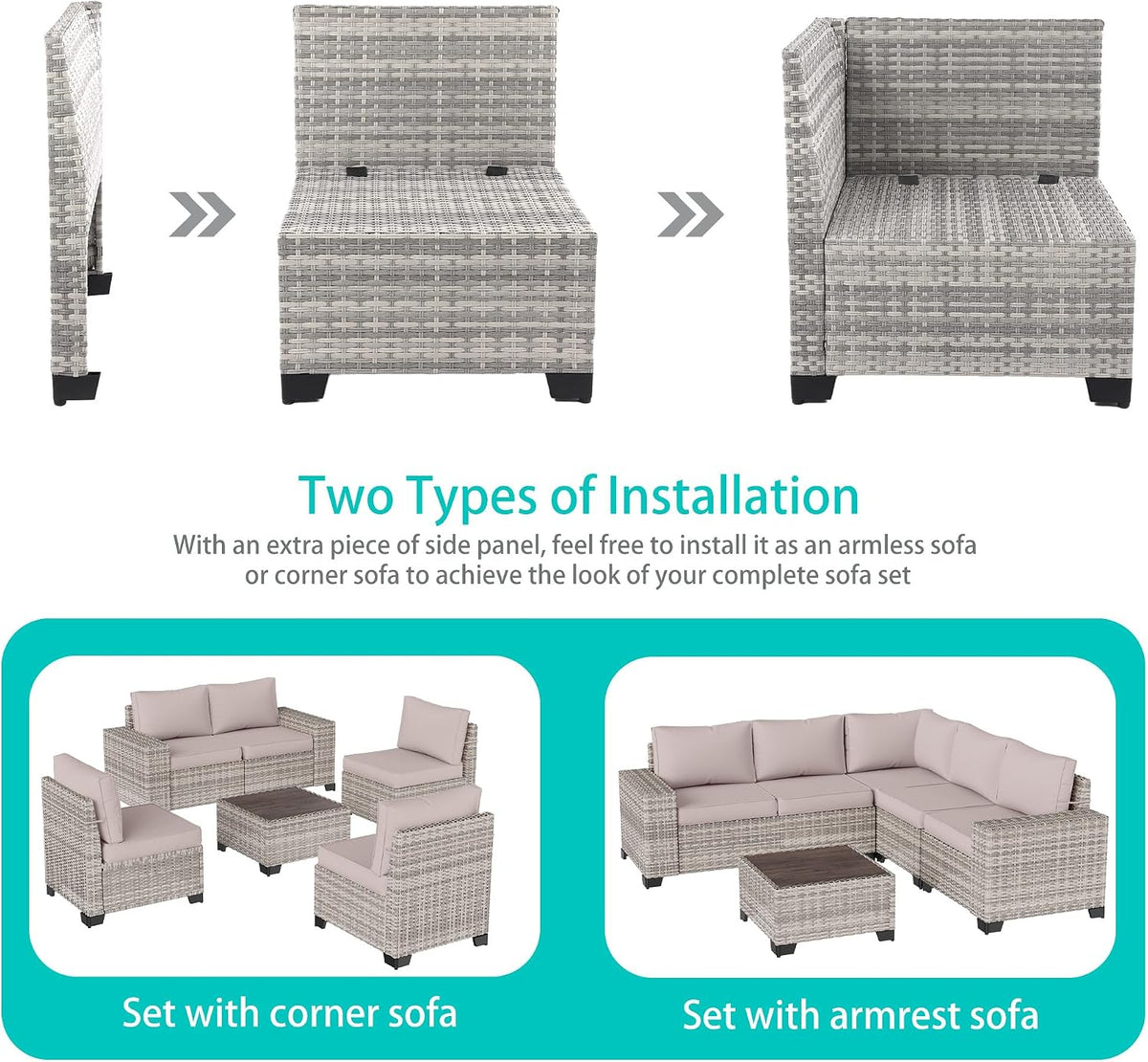 12-Piece Outdoor Patio Furniture Set Wicker Sectional Sofa Set, Patio Conversation Set with Thickened Cushions & Coffee Table for Garden, Backyard, Poolside, Sand