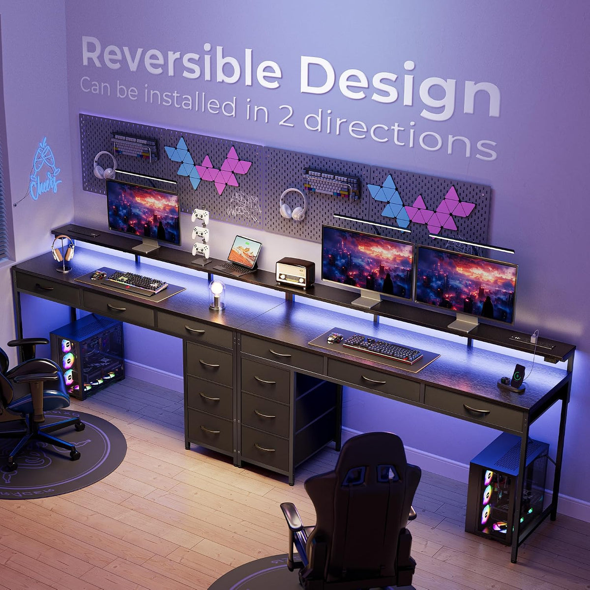 Huuger Gaming Desk with 6 Drawers, Computer Desk with LED Lights Power Outlets and Type-C, 55 Inch Office Desk with Storage, Monitor Stand, Writing Desk Work Desk Home Office, Bedroom, Study, Black