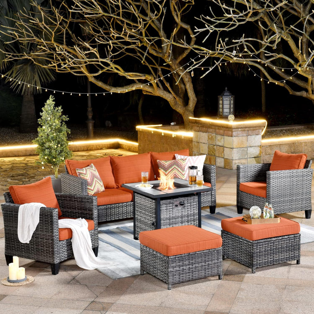 ovios 6 Pieces Patio Furniture Set with 30' Fire Pit Table, Outdoor Wicker Sofa with Comfy Cushions, All Weather High Back Rattan Couch Conversation Set, Orange Red