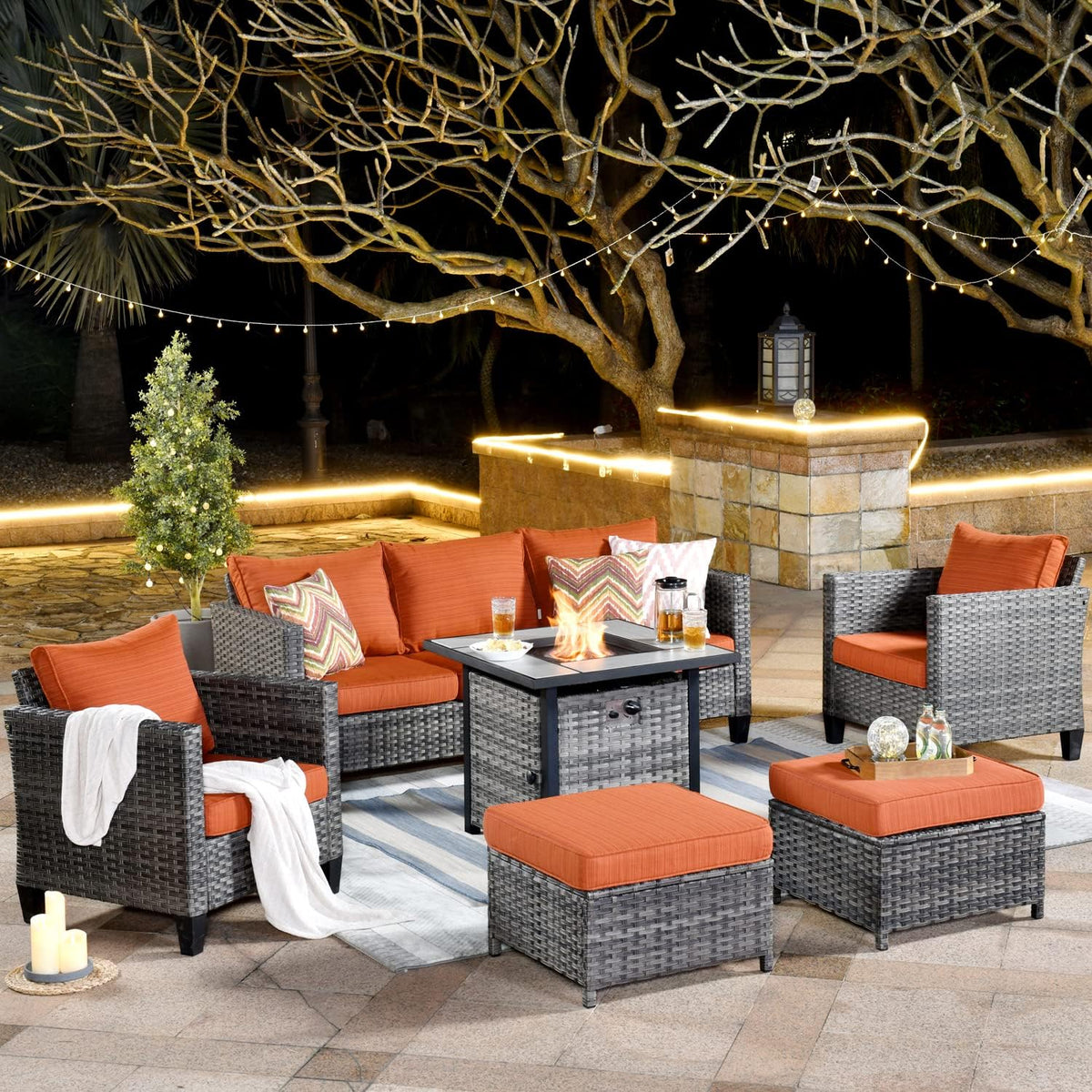 ovios 6 Pieces Patio Furniture Set with 30' Fire Pit Table, Outdoor Wicker Sofa with Comfy Cushions, All Weather High Back Rattan Couch Conversation Set, Orange Red