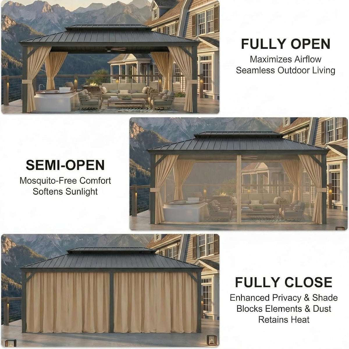 HOTEEL 10x15 Hardtop Gazebo with Flame-Retardant Curtain & Netting, Hot Tub Gazebo with Galvanized Steel Double Roof, Heavy Duty Permanent Pavilion Outdoor for Patio, Frame Thickened, Brown