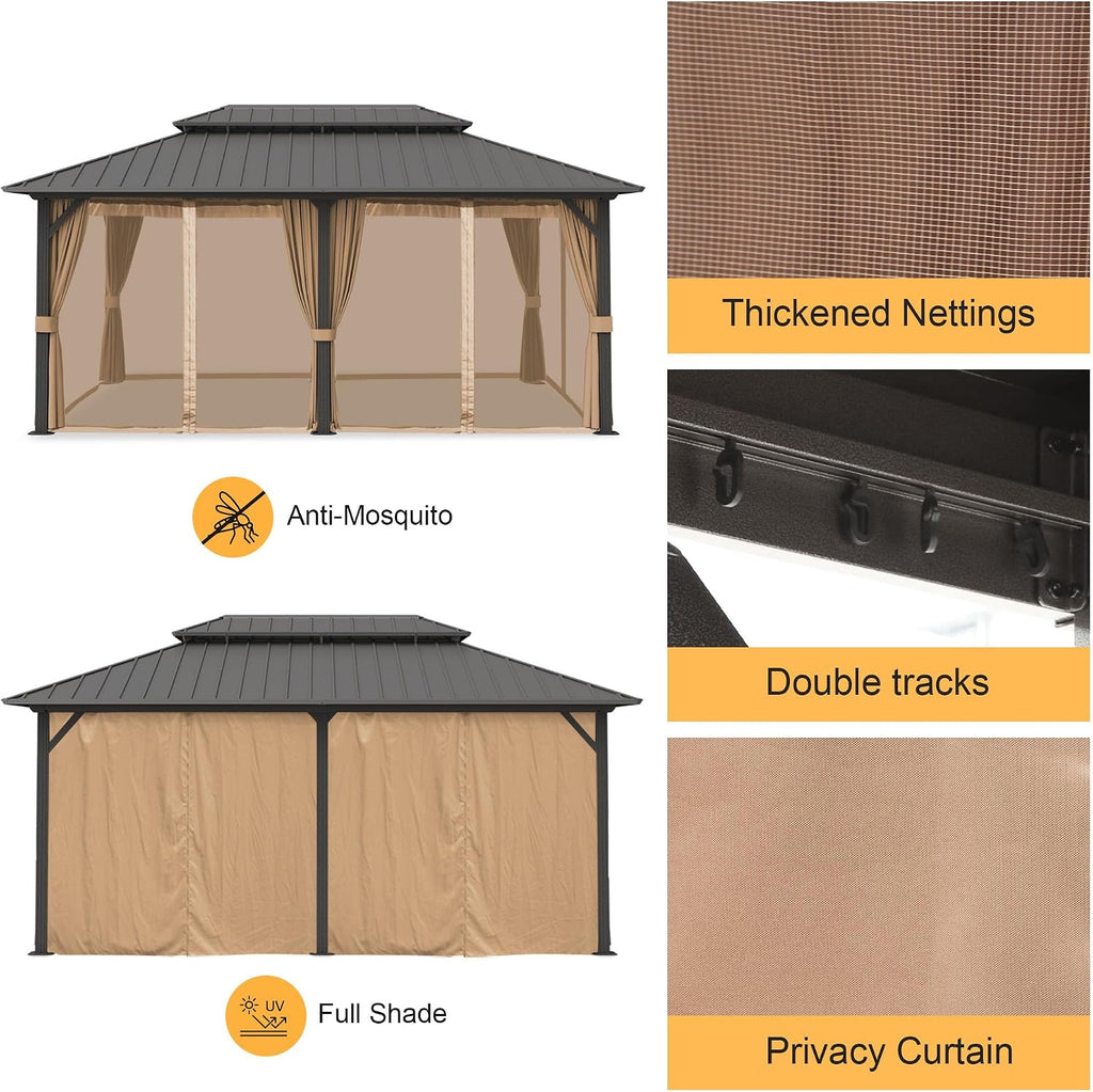 12x18 ft Hardtop Gazebo Outdoor Aluminum Patio Gazebo Double Roof Galvanized Steel Canopy with Netting and Curtains for Garden, Backyard, Deck and Lawns.