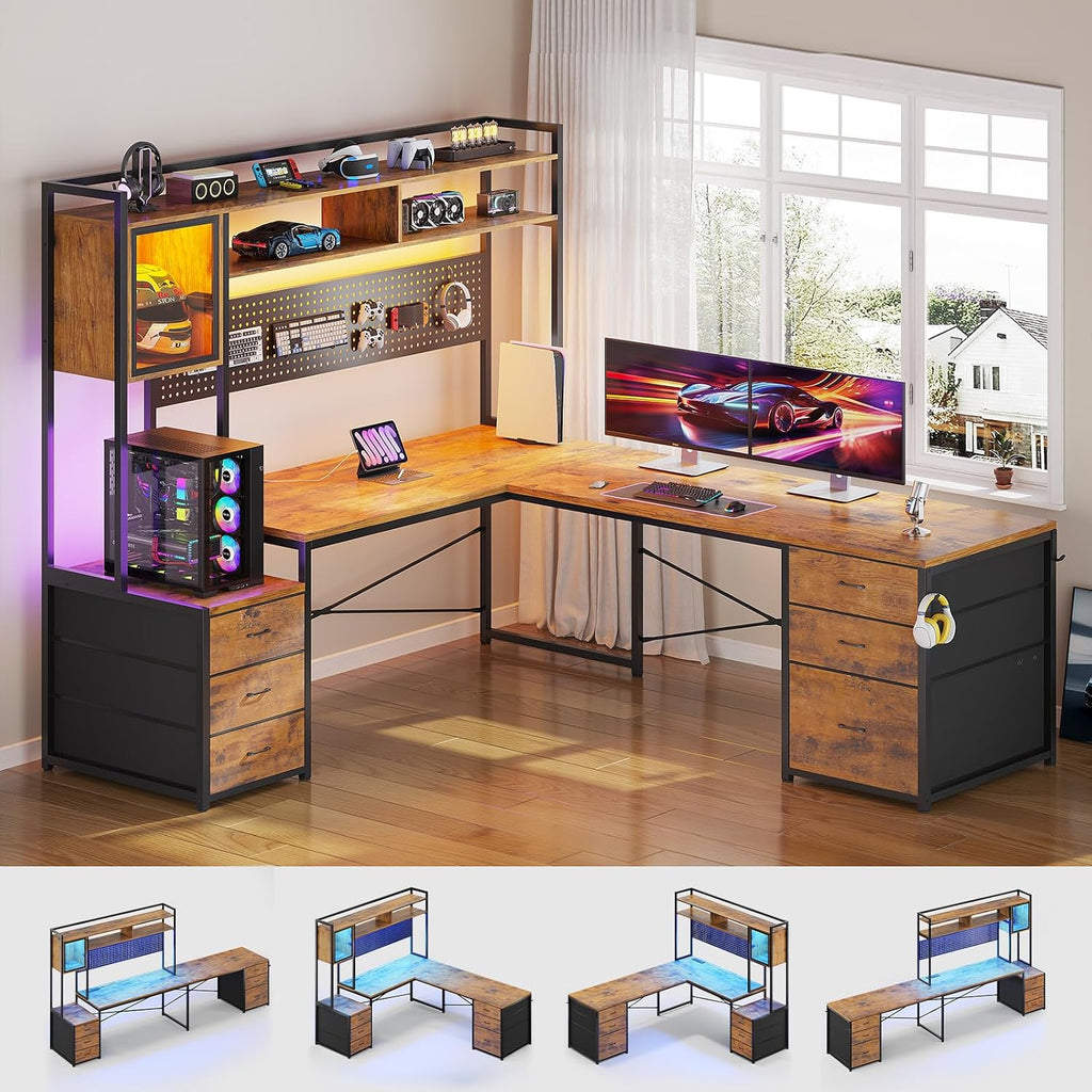 SEDETA L Shaped Gaming Desk with 6 Drawers, Reversible Computer Office Desk with File Drawer, Hutch, Storage Shelves, Gaming Corner Desk with Led Lights, Power Outlet for Two Person, Rustic Brown