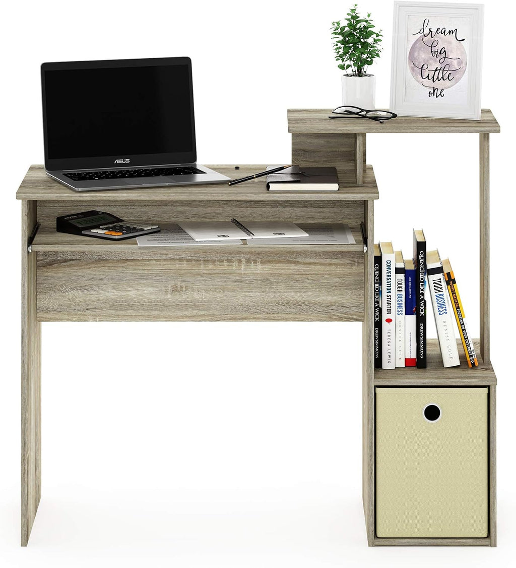 Furinno ECON Desk, 40-in Gaming Desk with Keyboard Tray, Computer Desk, Office Desk with Side Shelves and Storage Bin for Home Office, Study Room, Dorm, Light Oak